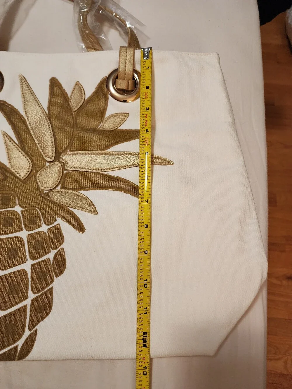 Canvas Pineapple Tote Bag in White and Gold/ Final Price